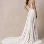 SEIM Flowy Chiffon Beach Wedding Dresses with Lace Bodice A Line Plunge V Neck Backless Bridal Wedding Gowns for Bride 2024 White US Size 00