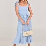 Caracilia Women’s Elegant Bridesmaid Dresses Square Neck Ruffle Slit Hem Midi Formal Dress for Wedding Guest Cocktail Party C89A3qianlan-S Light Blue
