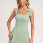QUANJINR Sage Green Square Neck Bridesmaid Dress with Bow for Women 2024 Chiffon Slit Evening Dress with Pockets A-line Prom Gowns US Size 8