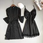 Teddy Lingerie, Nightgown and Robe Set 2 Piece Sexy Lace Spaghetti Strap Lightweight Sleepwear Lingerie for Women Plus Size Lingerie Bridal Shower Gifts Valentine Lingeries (XL, Black)