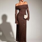 KUTUMAI Women Off Shoulder Bodycon Maxi Dress Long Sleeve Mesh Ruched Party Formal Wedding Guest Dresses Sequin Brown L