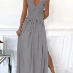 Dokotoo Womens Ladies Elegant Floor Length A Line Wrap Deep V Neck Backless Ruched Pleated Ruffled Split Long Maxi Formal Evening Party Prom Dress Bridesmaid Wedding Guest Dresses for Women Gray XL