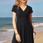 OUGES Women’s Summer Wedding Guest Dress for Women 2024 Spring Short Sleeve V-Neck Floral Short Party Dress with Pockets(Black,M)