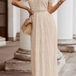 MEROKEETY Women’s 2024 V Neck Short Sleeve Floral Lace Wedding Dress Bridesmaid Cocktail Party Maxi Dress, Apricot, Large