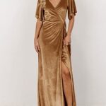 MEROKEETY Women’s V Neck Wrap Velvet Maxi Dress Bell Sleeve Split Bridesmaid Cocktail Party Dresses, Golden, Medium