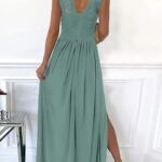 Dokotoo Womens Ladies Elegant Floor Length A Line Wrap Deep V Neck Backless Ruched Pleated Ruffled Split Long Maxi Formal Evening Party Prom Dress Bridesmaid Wedding Guest Dresses for Women Green S