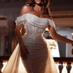 White Wedding Dresses for Women 2025 Off Shoulder Sparkly Sequins Mermiad Bride Dress Detachable Train Elopement Beach Bridal Gowns Lace Up Back US 8