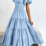 PRETTYGARDEN Women’s Casual Summer Midi Dress Puffy Short Sleeve Square Neck Smocked Tiered Ruffle Dresses (Light Blue,Large)