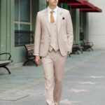 Mens Suit Slim Fit 3 Piece Double Breasted Beige Suit Men Formal Tuxedo Set Casual Wedding Groom Suits Large