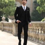 Mens Notch Lapel Modern Fit Suit Blazer Jacket Tux Vest and Trousers Set Three-Piece,Black,Medium
