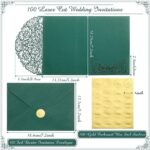 PerKoop 100 Set 5 x 7 Laser Cut Wedding Invitations with Envelopes and Wax Seal Stickers Pocket Wedding Invitation Cards Blank Invitation Kit for Wedding Bridal Shower Engagement Invite (Dark Green)