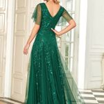 Ever-Pretty Women’s V Neck Ruffle Sleeves Sequin A Line Bridesmaid Dress Green US12