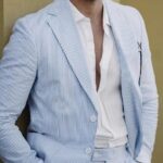 PopEle Mens Blue Seersucker Summer Suit Grooms Sear Sucker Suit for Wedding Mens Leisure Suits Slim Fit
