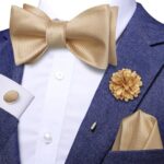 Dubulle Self Tie Bow Ties and Lapel Pin for Men Paisley Solid Mens Bowtie and Handkerchief Cufflinks Set Wedding,A Champagne