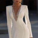 BIRENEROBE Long Sleeves Wedding Dresses for Bride 2024 Deep V Neck Beading Bridal Gowns Satin Mermaid White Formal Evening Dresses with Train