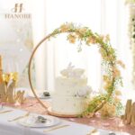 Hanobe Gold Cake Stand for Wedding: 11.6 Inch Round Arch Cupcake Display Stands with Wood Base Decorative Metal Hoop Centerpiece Decor for Party Birthday Baby Shower