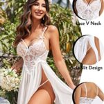 Avidlove Women’s Lingerie Sexy Babydoll Lingerie Lace Chemise V Neck Nightwear Sheer Mesh Sleepwear Side Slit Nighty White